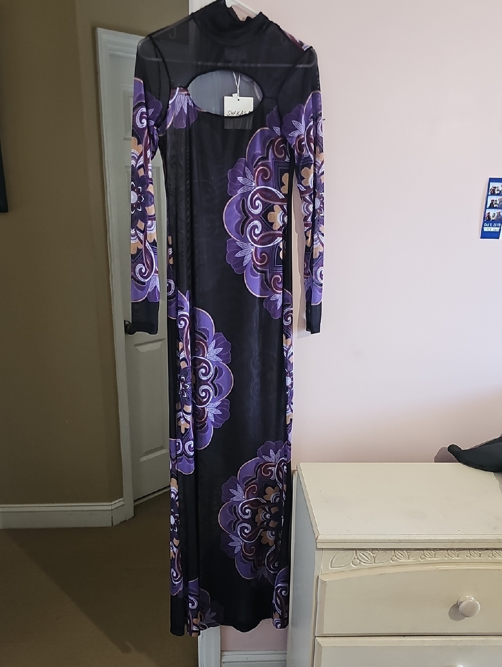 OFUURE Black Maxi Dress with Purple Floral Medallions